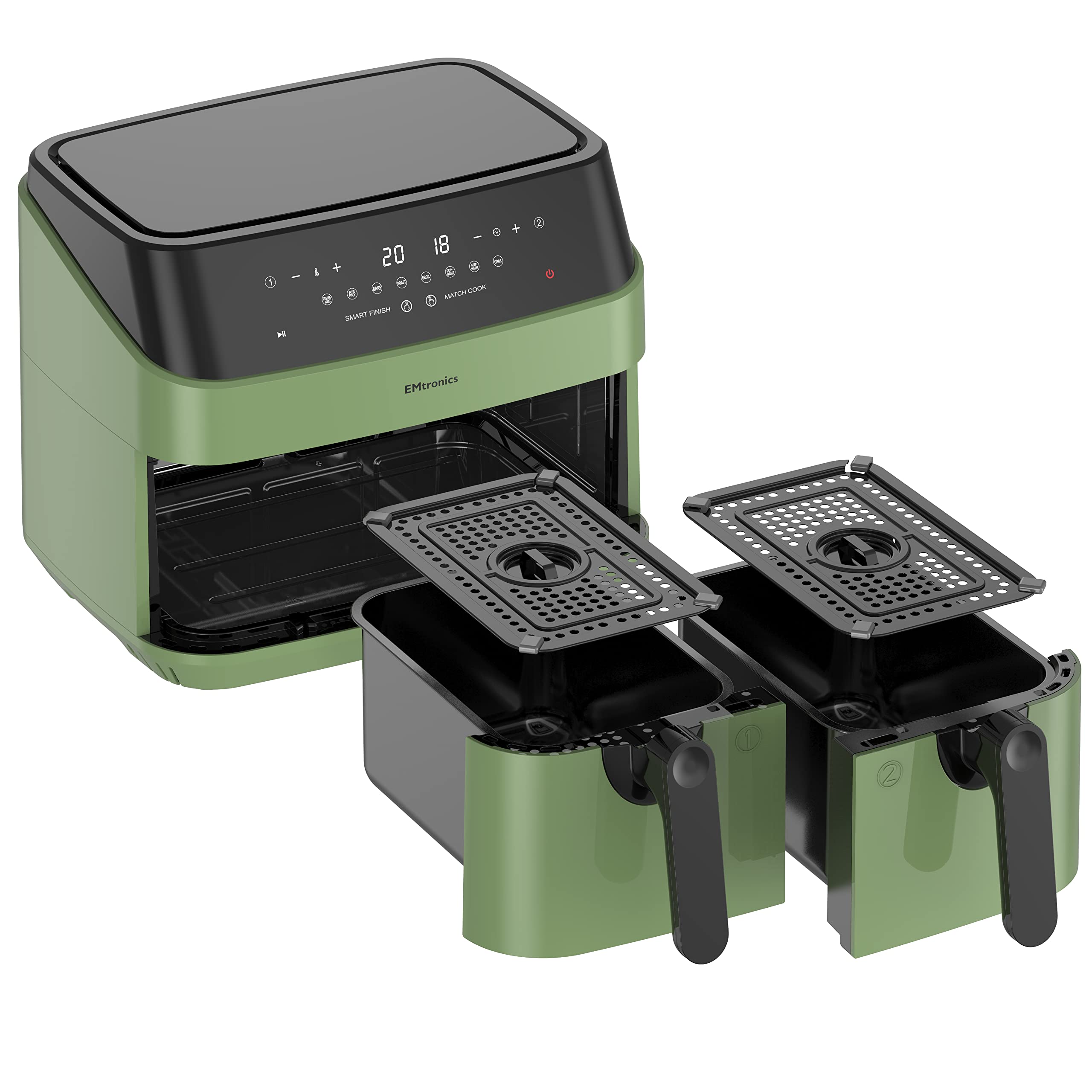 EMtronics EMAFDD9LSG Dual Air Fryer Extra Large Family Size Double XL 9 Litre with 8 Adjustable Pre-Set Menus for Oil Free & Low Fat Healthy Cooking,