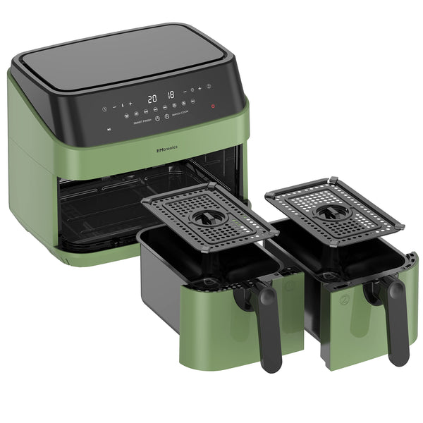 EMtronics EMAFDD9LSG Dual Air Fryer Extra Large Family Size Double XL 9 Litre with 8 Adjustable Pre-Set Menus for Oil Free & Low Fat Healthy Cooking,