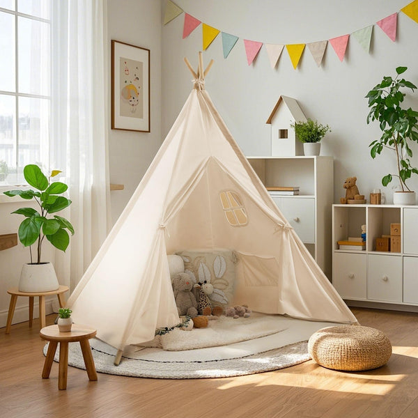 Wilwolfer Teepee Tent for Kids Foldable Children Play Tent for Girl and Boy with Carry Case 4 Poles White Canvas Playhouse Toy for Indoor and Outdoor Games