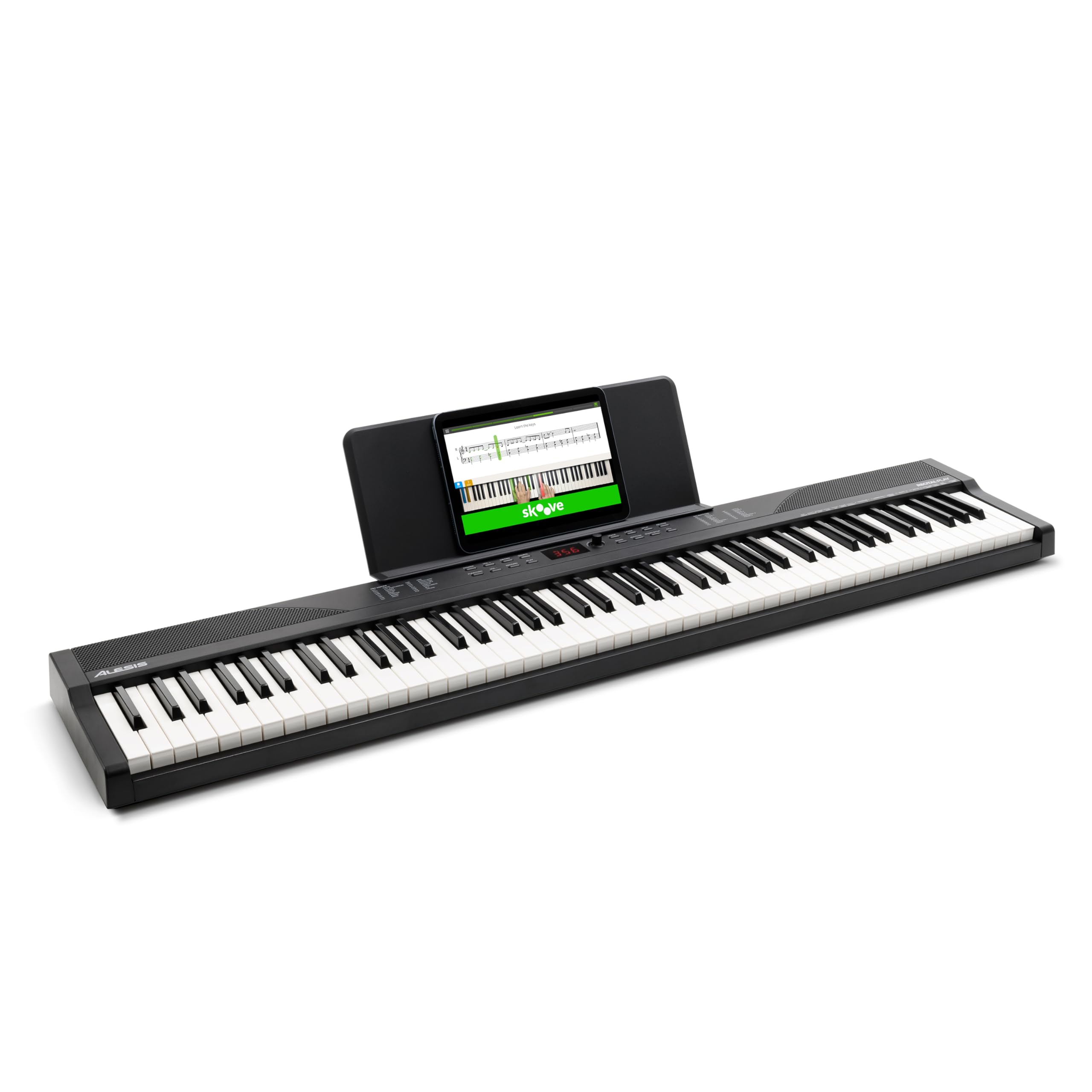 Alesis 88 Key Keyboard Piano with 480 Sounds, Speakers, USB MIDI, Sheet Music Tablet Rest, Power Adapter and Piano Lessons for Beginners