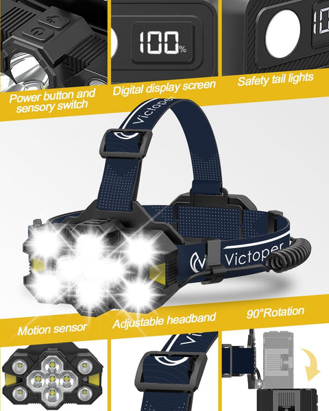Victoper Head Torch Rechargeable v10000 Upgraded 22000 Lumen Torches LED Super Bright Headlight 10 LEDs Modes Hands-Free Flashlight for Camping Fishing Cycling Hiking Waterproof, Black