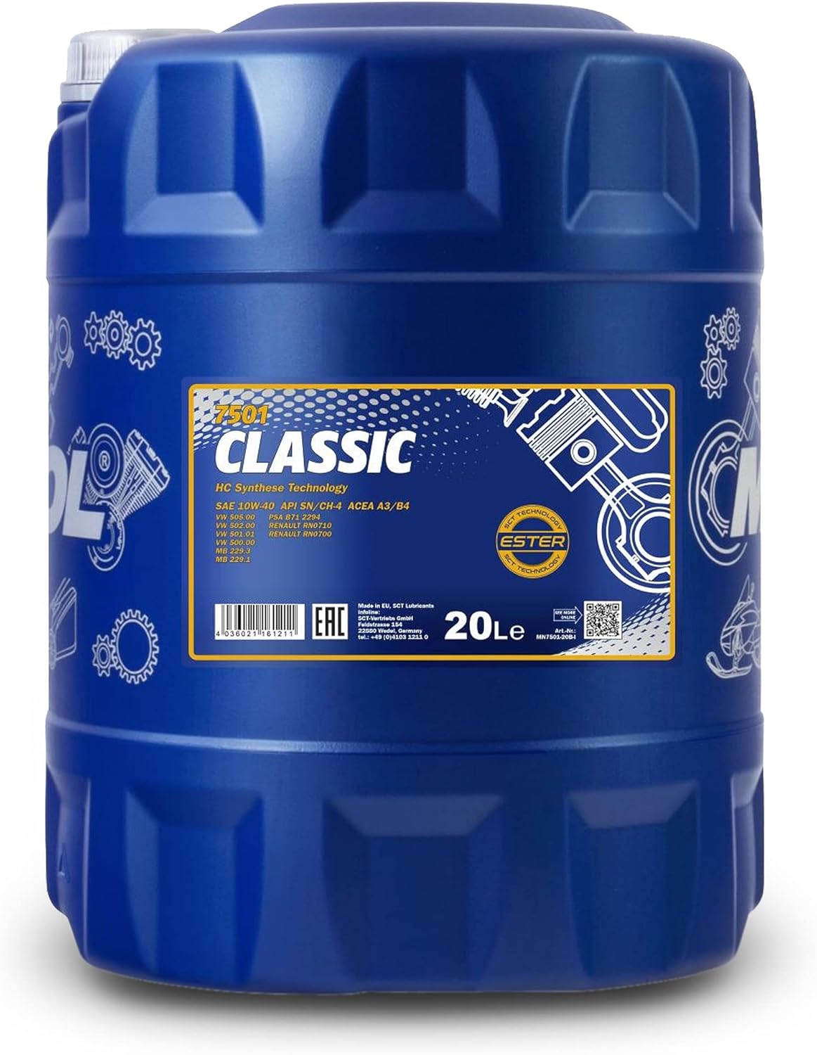 Mannol 20 Litre Classic 10W-40 Engine Oil 7501 API SN/CH-4 ACEA A3/B4 Universal HC-Synthese Ester Technology