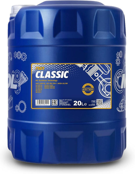 Mannol 20 Litre Classic 10W-40 Engine Oil 7501 API SN/CH-4 ACEA A3/B4 Universal HC-Synthese Ester Technology