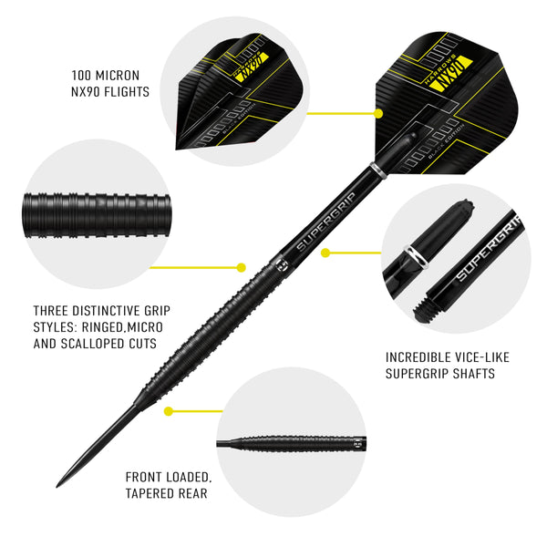 Harrows NX90 BLACK EDITION 90% Tungsten Steel Tip Darts Set 21g, 22g, 23g, 24g, 25g & 26g - Includes Black Supergrip Midi Shafts & Micron NX90 Flights