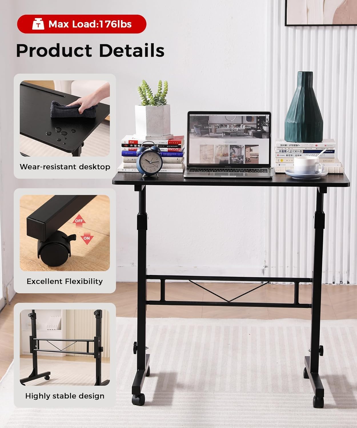 Standing Desk Adjustable Height, Mobile Stand Up Desk with Wheels Small Computer Desks, Home Office Desk, Rolling Desks, Portable Laptop Desk White Standing Table 80 x40 cm Height 70-110 cm