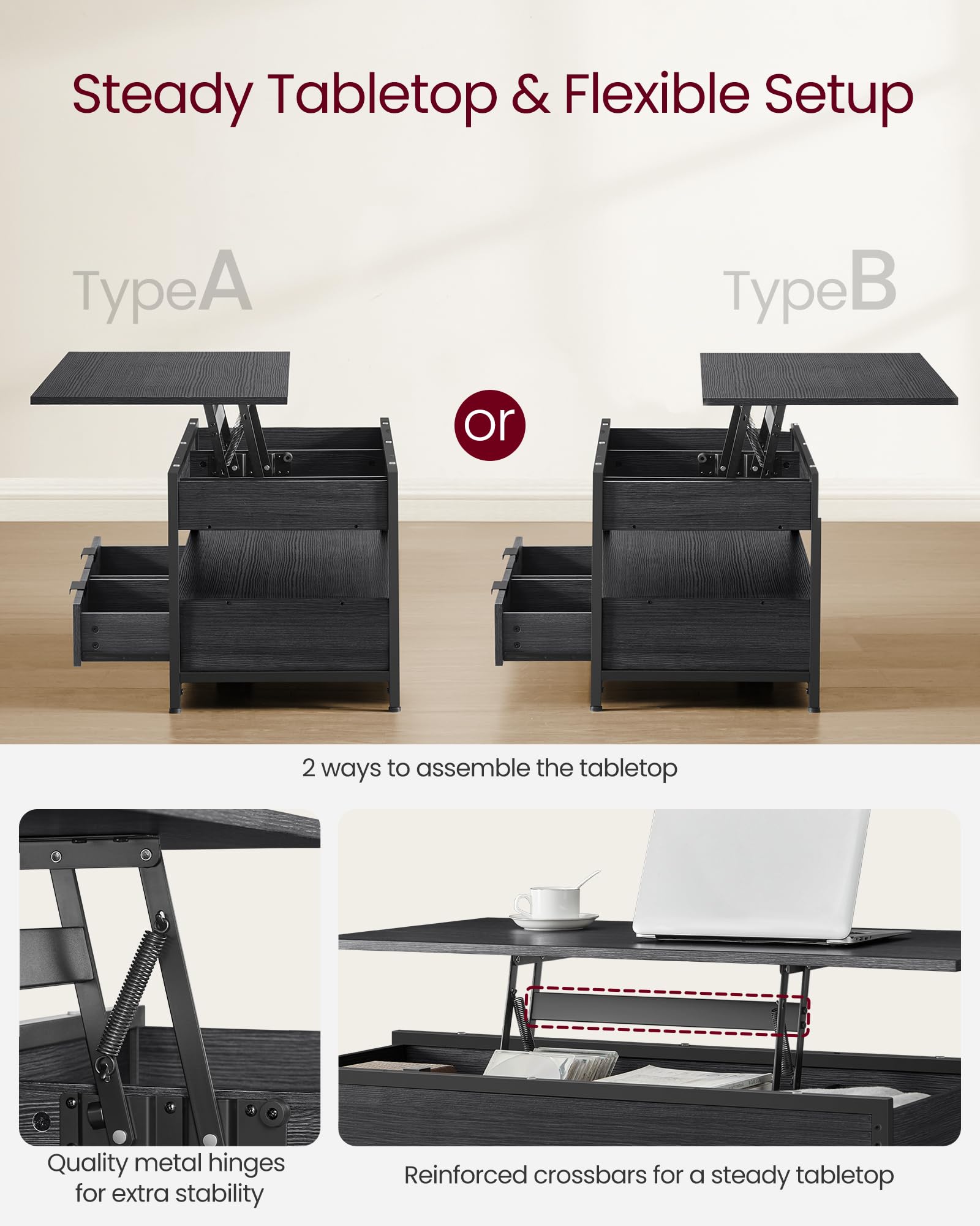 VASAGLE Lift Top Coffee Table, Living Room Table, with Storage Drawers, Hidden Compartments, and Open Shelf, Rustic Brown and Ink Black LCT209K01