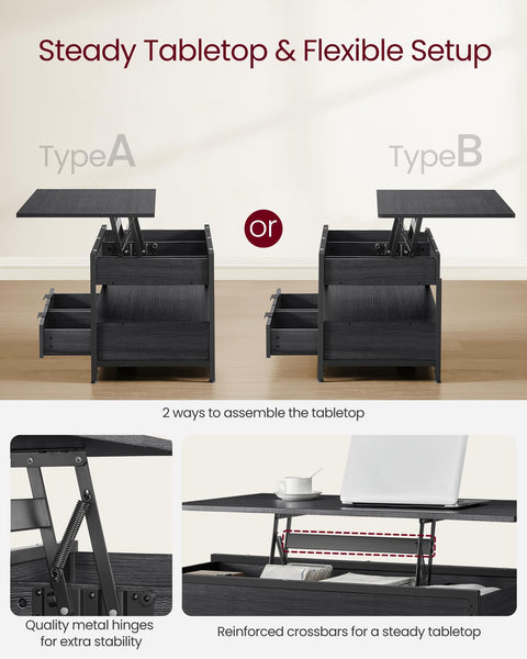 VASAGLE Lift Top Coffee Table, Living Room Table, with Storage Drawers, Hidden Compartments, and Open Shelf, Rustic Brown and Ink Black LCT209K01