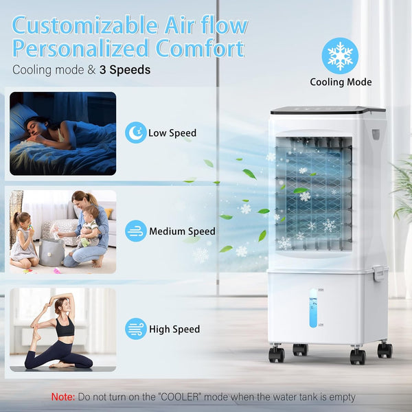 Bidiowe Mobile Air Conditioners, 9.5L AC Unit Tank 60W Evaporative Air Cooler Automatic Light Off 60°/120° Oscillation 3 Modes 7H Timer Remote Control 3 Ice Box Quiet Cooling Fan for Home, Office