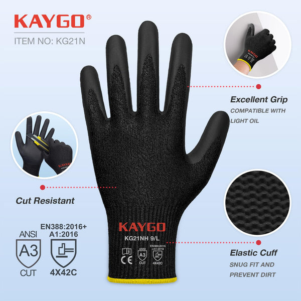 KAYGO Cut Resistant Work Gloves - 2 Pairs, Level C Protection, MicroFoam Nitrile Coated Good Grip Machine Washable, Cut Proof Safety Gloves EN388 4X42C, Ideal for General Purpose, KG21N (Grey, L)