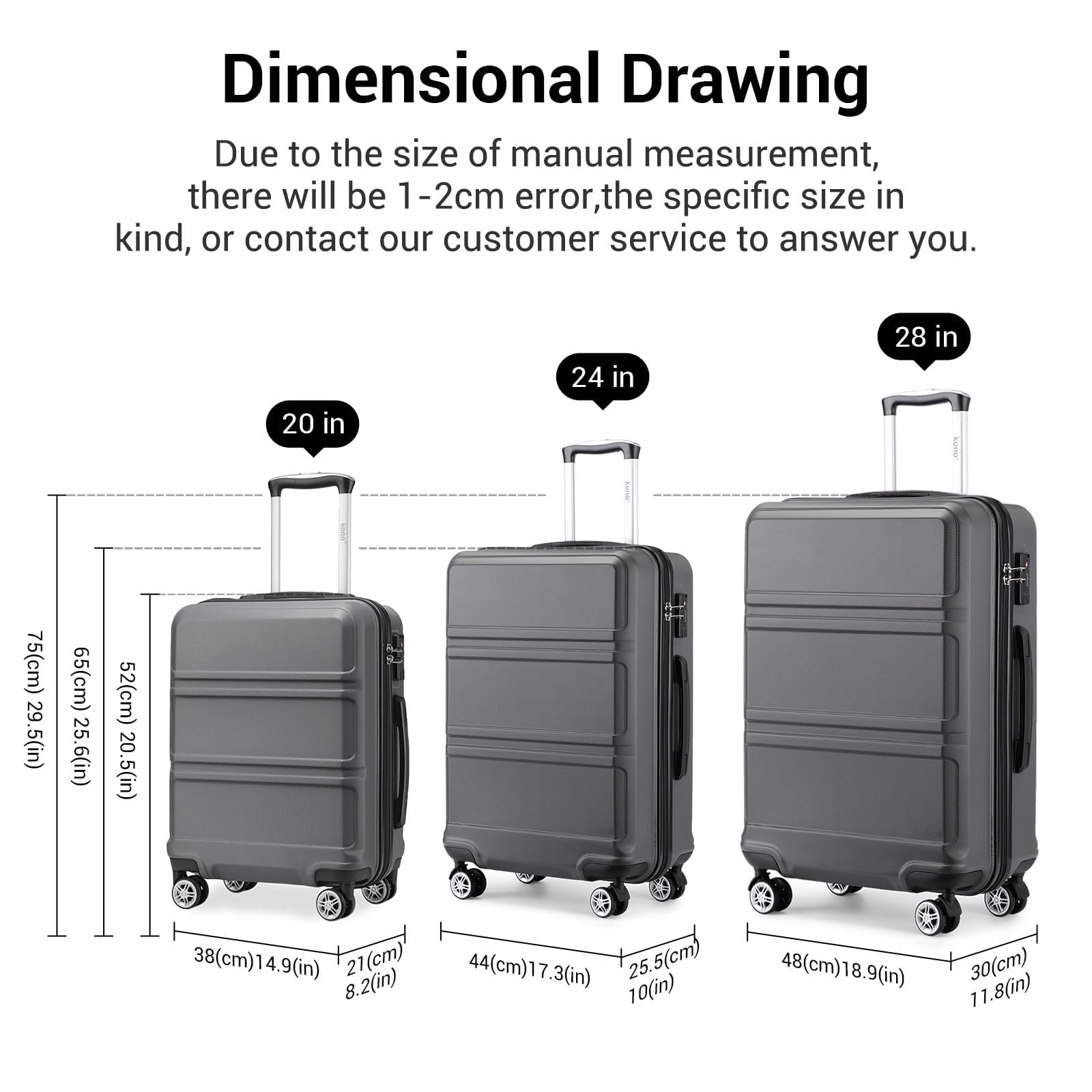 Kono Fashion Hand Luggage Lightweight ABS Hard Shell Trolley Travel Suitcase