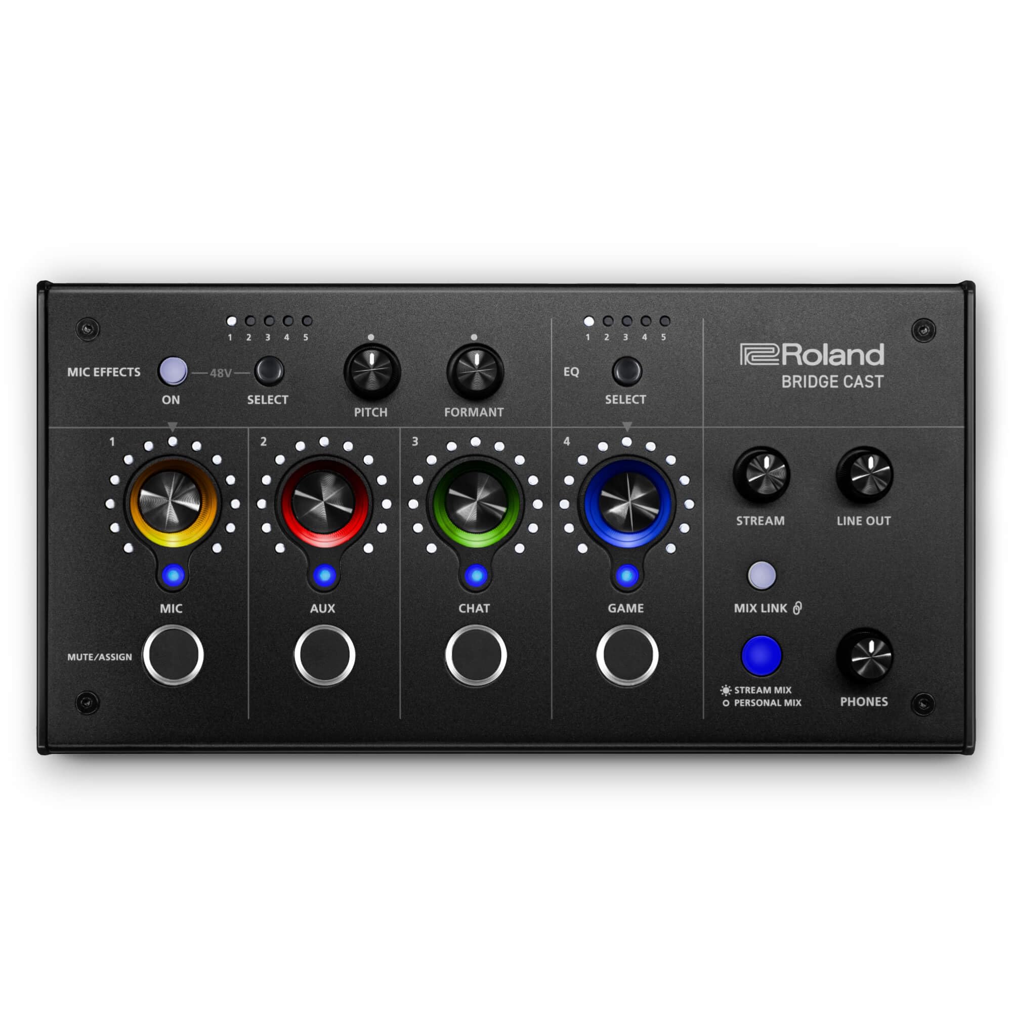 Roland BRIDGE CAST ONE Dual Bus Streaming Mixer Compact Audio Streaming Mixer For Online Gamers & Content Creators 32-Bit Hardware DSP USB-C Windows and Mac Connectivity XLR Mic Support