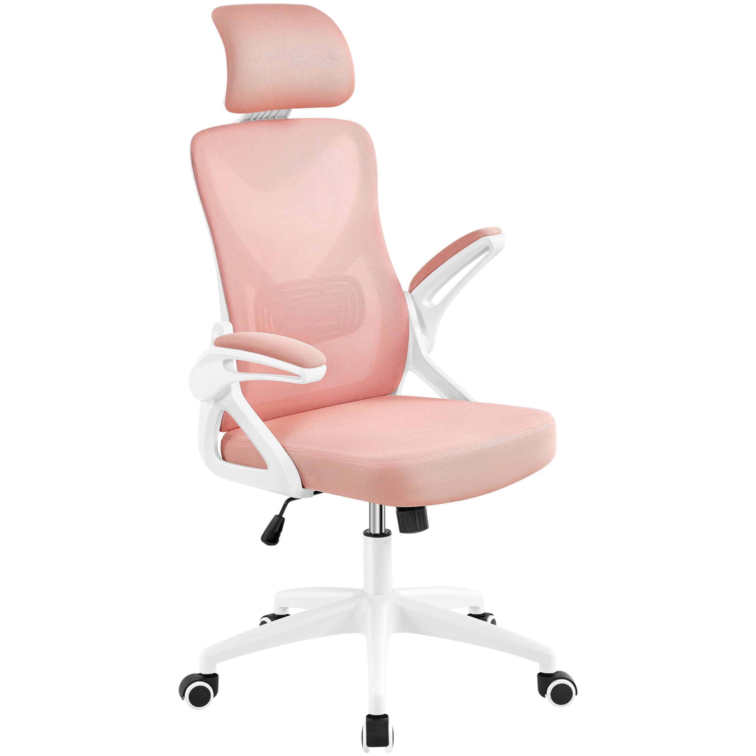 Yaheetech High Back Home Office Chair Ergonomic Swivel Desk Chair with Arms and Height Adjustable Back Support for Home Study or Manager Work White/Pink