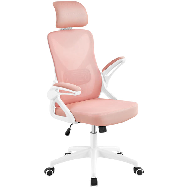Yaheetech High Back Home Office Chair Ergonomic Swivel Desk Chair with Arms and Height Adjustable Back Support for Home Study or Manager Work White/Pink