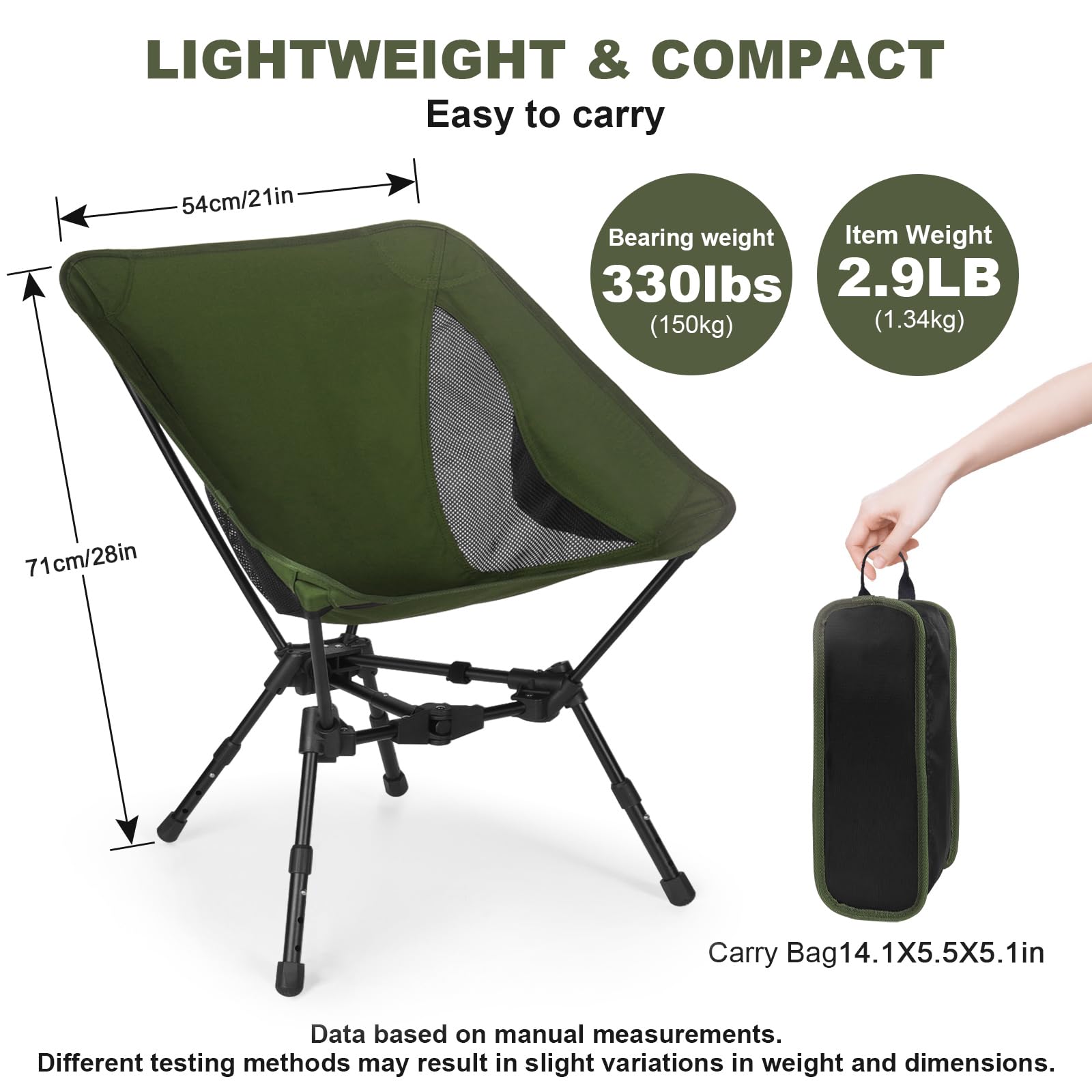 Portable Folding Camping Chair: Lightweight Height Adjustable Camping Chairs Stable Supports 330 Lbs with Side Pockets for Outdoor Camp, Travel, Beach, Lawn (Black)