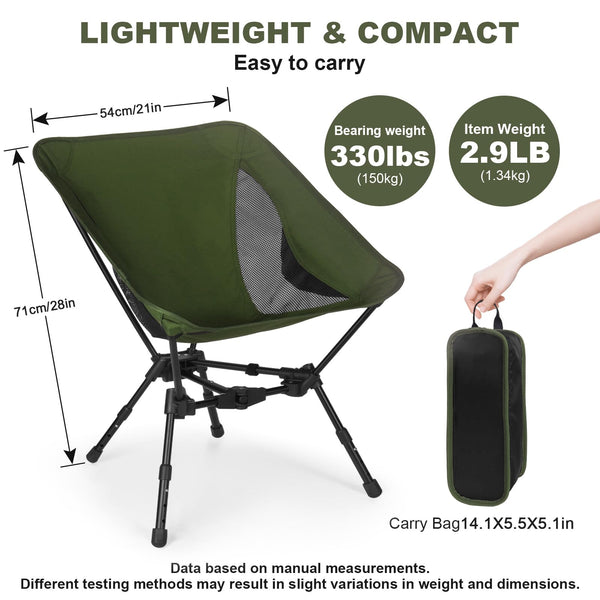 Portable Folding Camping Chair: Lightweight Height Adjustable Camping Chairs Stable Supports 330 Lbs with Side Pockets for Outdoor Camp, Travel, Beach, Lawn (Black)