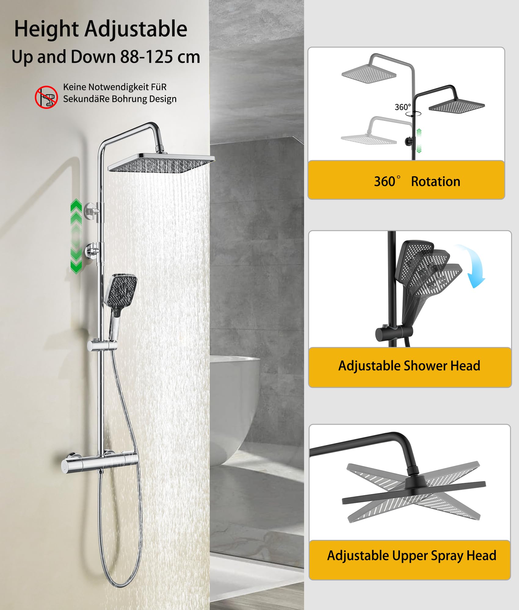 Thermostatic Shower Mixer Set,38°C Thermostatic Shower System with Rainfall Shower Head,3-Mode Handheld Shower,Adjustable Height Stainless Steel Shower Set (Black)