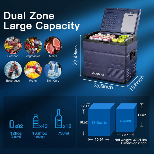 AAOBOSI Compressor Camping Fridge 95L, Car Fridge Dual Zone with 12/24V DC and 100-240V AC, -20°C to 20°C Portable Freezer for Car, Campervan, Lorry, Truck, Boat