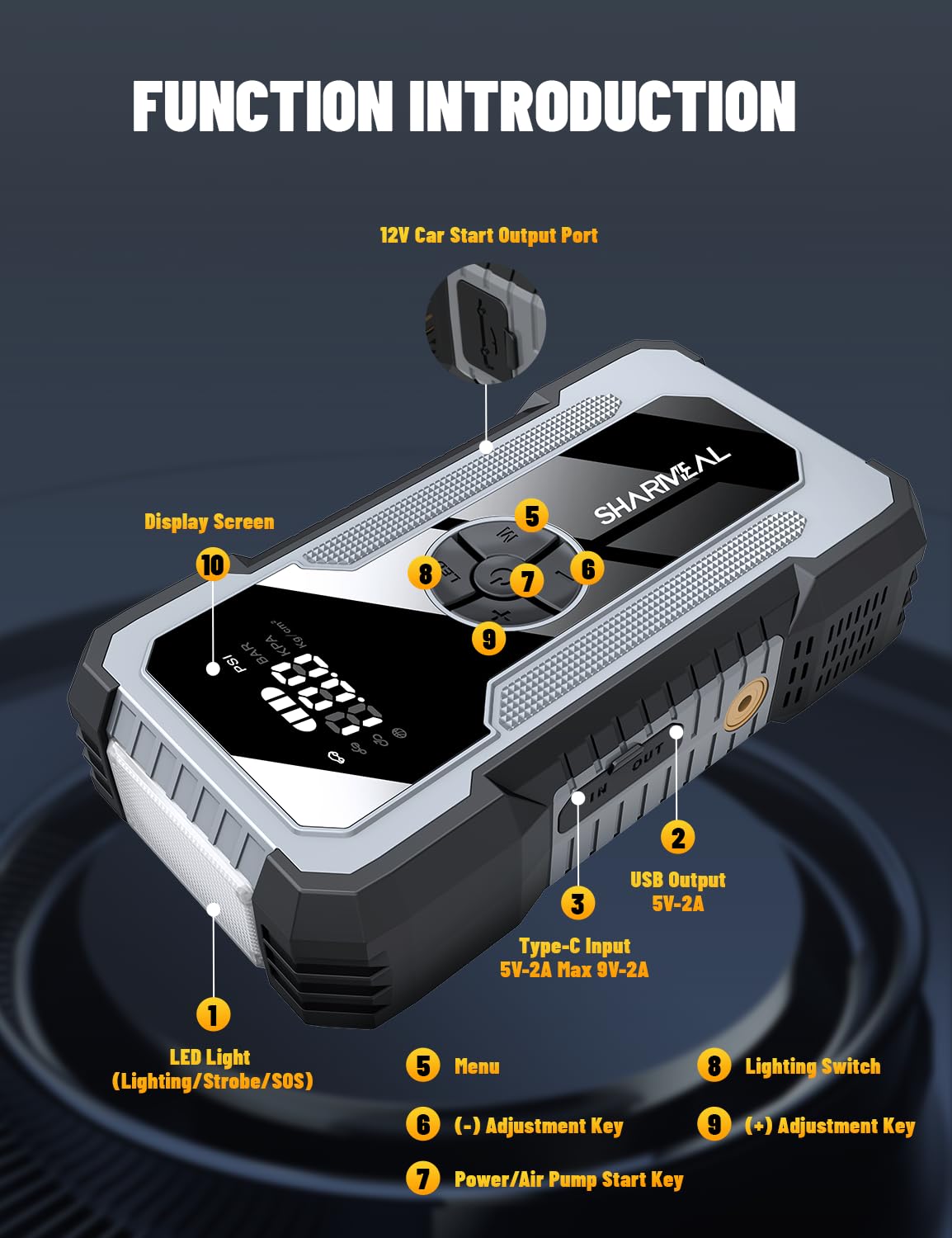 SHARMEAL 6000A Portable Car Battery Booster (all Gas/10L Diesel), Jump Starter Power Pack with 150PSI Air Compressor, 12V Car Jump Starter Power Bank with Jump Leads, LCD Screen, Emergency Light