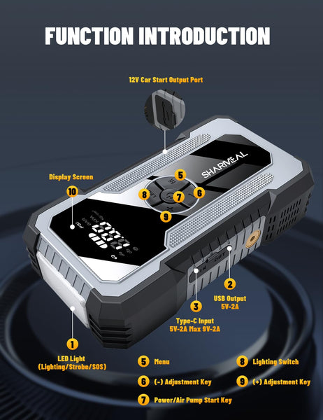 SHARMEAL 6000A Portable Car Battery Booster (all Gas/10L Diesel), Jump Starter Power Pack with 150PSI Air Compressor, 12V Car Jump Starter Power Bank with Jump Leads, LCD Screen, Emergency Light