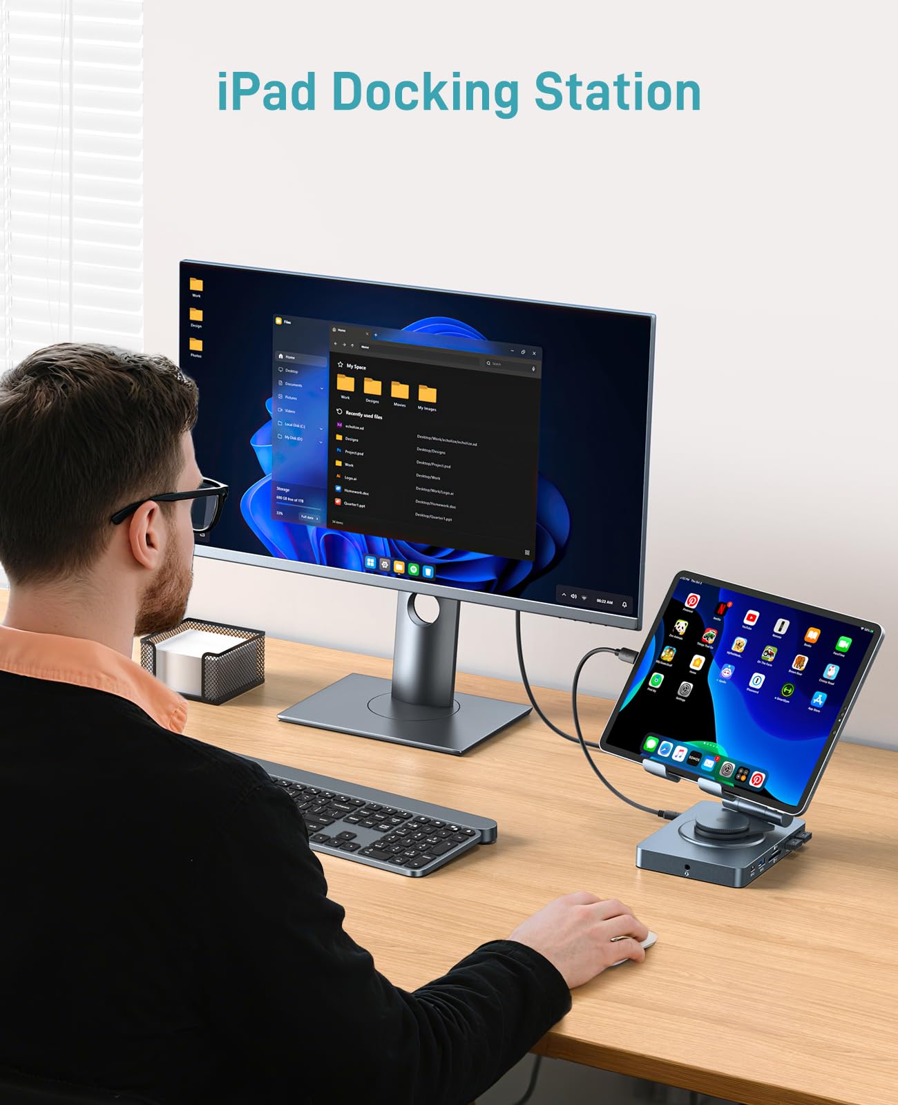 360° Rotating iPad/iPad Pro USB C Docking Station, 11-in-1 with SD TF 4.0 Reader, 4K@60Hz HDMI, RJ45, Audio, USB A, USB C, For Tablet, Steam Deck, ROG Ally, Legion Go, Msi Claw, Samsung, etc