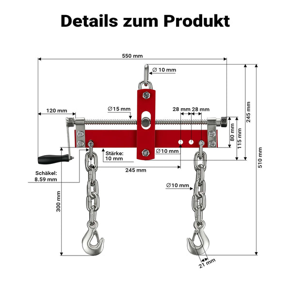 WilTec Solid Steel Engine Load Leveller - 750kg Max, Easy To Connect To Workshop Crane & Engine Stand, Includes four Chains with Safety Hooks