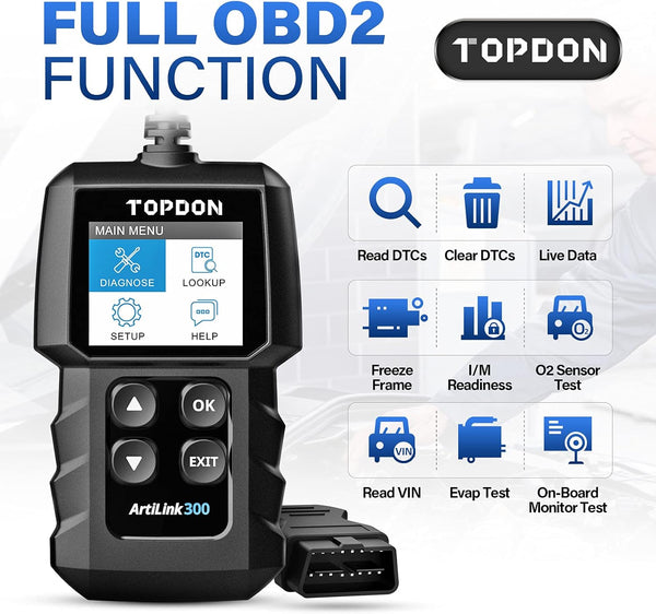 TOPDON AL300, OBD2 Scanner Code Reader, car Auto Diagnostic Tool with Full OBD2 Functions, Engine Fault Code Reader CAN Scan Tool, HD LCD Display Screen, for Cars After 1996