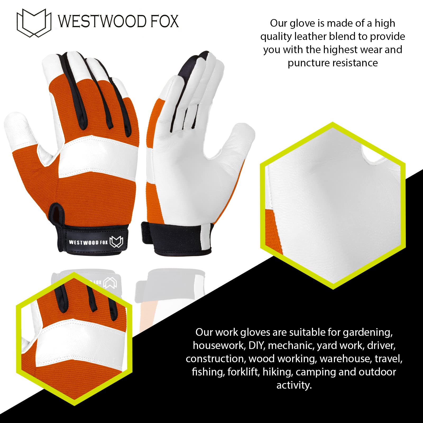 WESTWOOD FOX Gardening Working Gloves Garden Thorn Proof Flexible Heavy Duty Leather Mechanic Utility Dexterity Breathable Construction Gloves for Work Mens Women (Metallic Orange, L)