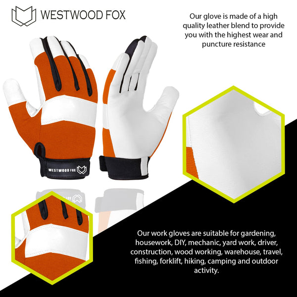 WESTWOOD FOX Gardening Working Gloves Garden Thorn Proof Flexible Heavy Duty Leather Mechanic Utility Dexterity Breathable Construction Gloves for Work Mens Women (Metallic Orange, L)
