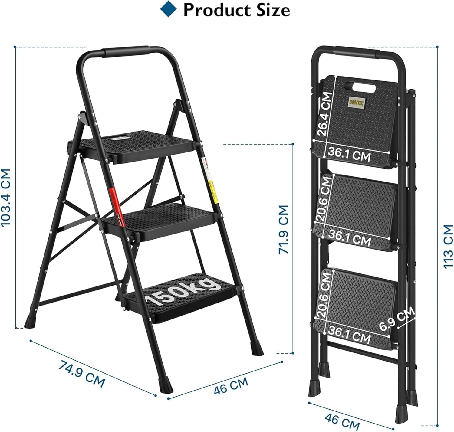 BONTEC 2 Step Ladder, Capacity 150KG with Wide Anti-Slip Pedals, Folding Steel Step Stool, Sponge Handlebar, Lightweight Portable Ladder Suitable for Home, Kitchen, Pantry, Indoor/Outdoor Use, Black