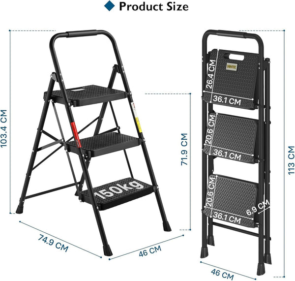 BONTEC 4 Step Ladder Folding, Heavy Duty Foldable Step Stool with Wide Anti-Slip Pedals, Sponge Handrail and Tool Tray, Portable Household Ladder 150kg Capacity, Compact Collapsible Indoor Ladder