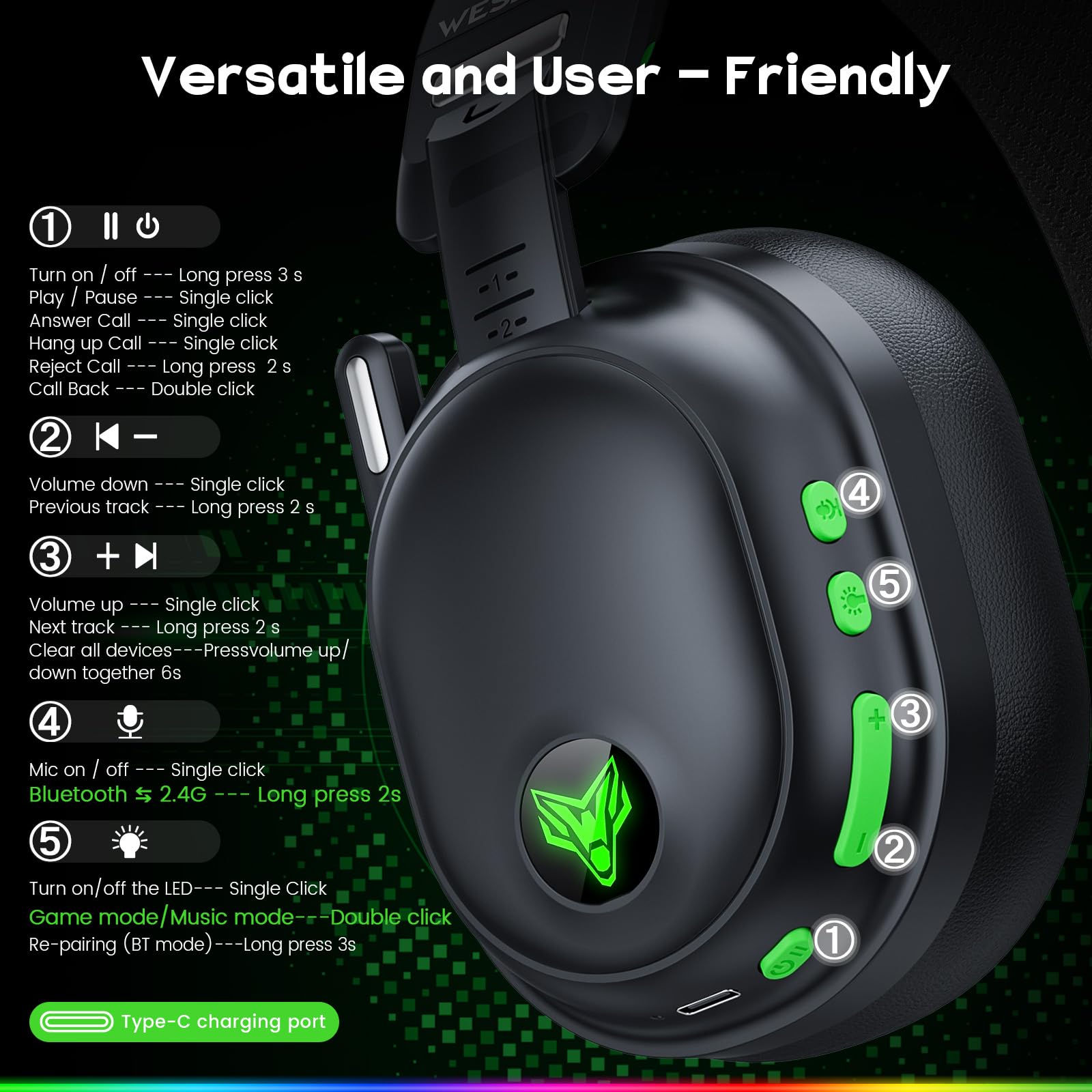 WESEARY Wireless Gaming Headset for PS5/PS4/PC/Switch/Mac, Dual Mode 2.4GHz & Bluetooth & USB, Headset with Microphone, 50-Hour Battery, EQ Modes, Lossless Audio, RGB Lighting