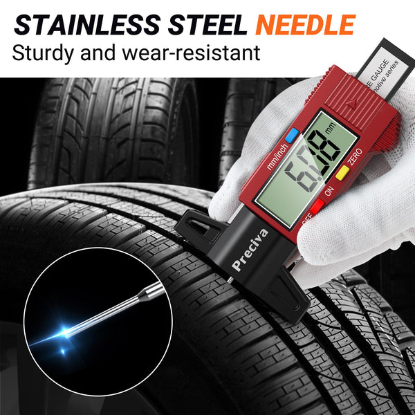 Tyre Tread Depth Gauge, Preciva Silver 0-25.4mm/Inch Digital Tire Checker UK, Tyres Depths Measuring Tool with Large LCD Screen for Cars, Trucks, Vans