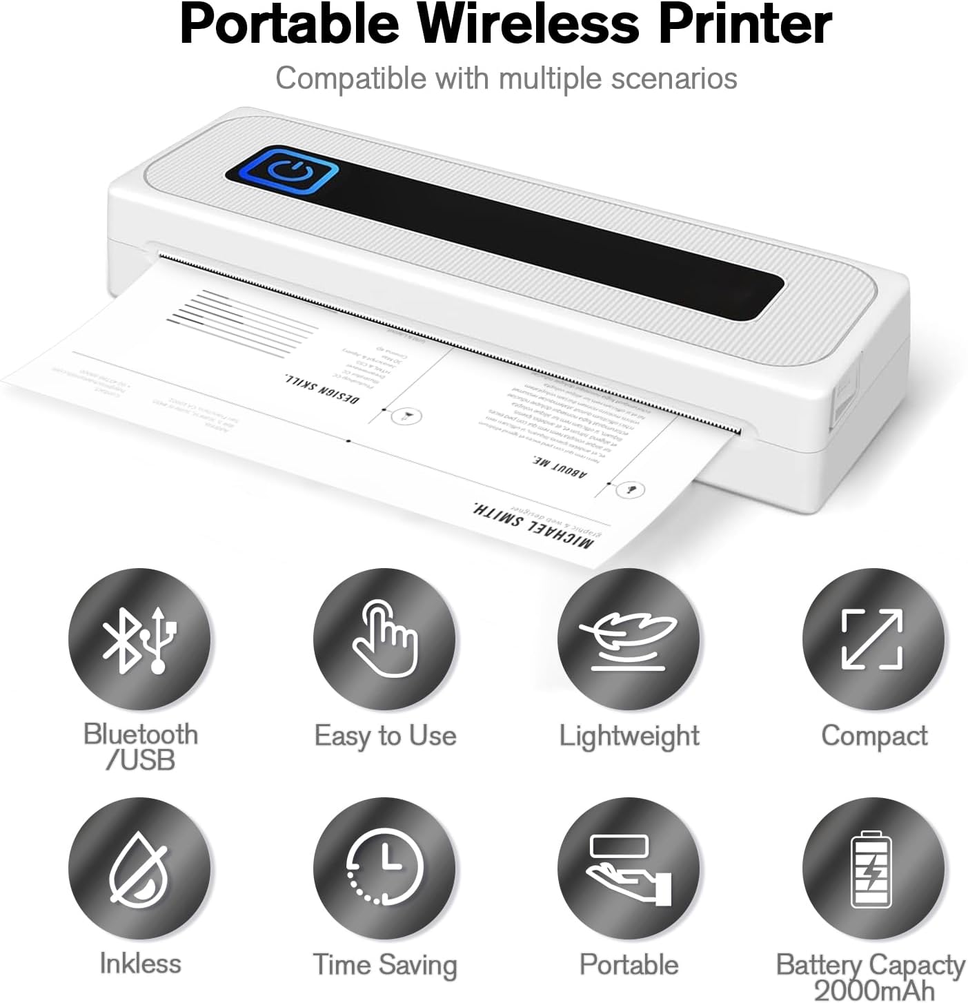 PLACHIDAY Portable Printer Wireless, 300DPI Small Wireless Bluetooth Inkless Thermal Printer A4 Travel Printer Multiple Sizes Thermal Paper Home Use (White)