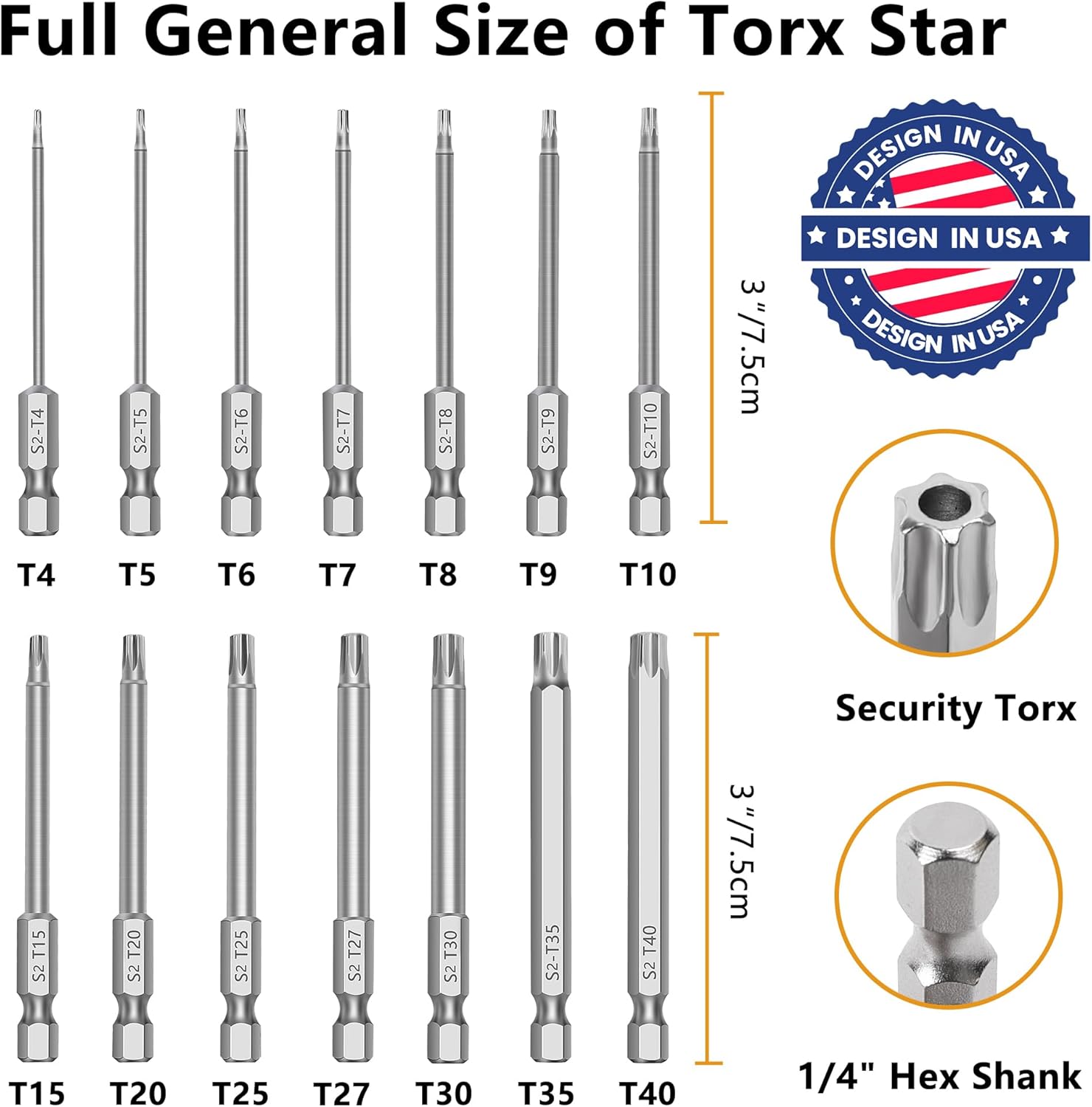 MulWark 14PC Magnetic Security Torx Bit Set 3" Long Tamper Proof Star Screwdriver Bit Set 1/4" Hex Shank S2 Steel T4 - T40 Impact Driver Bits
