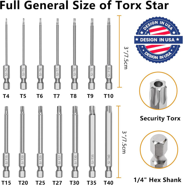 MulWark 14PC Magnetic Security Torx Bit Set 3" Long Tamper Proof Star Screwdriver Bit Set 1/4" Hex Shank S2 Steel T4 - T40 Impact Driver Bits