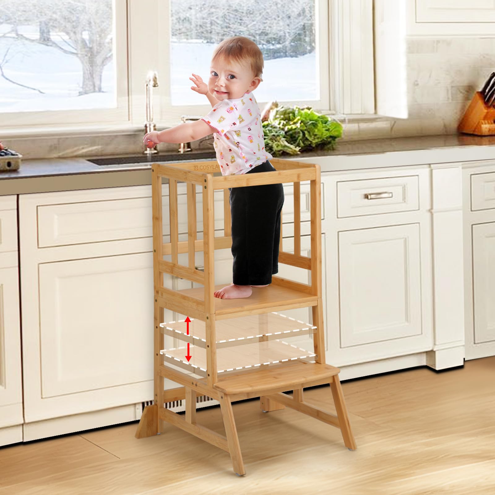 COSYLAND Height Adjustable Kids Kitchen Step Stool with Anti-tip Support Corners - Kids Standing Tower for Kitchen Counter, Bathroom, Nursery (Black)