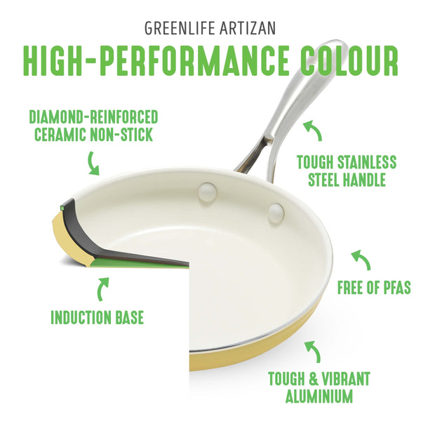GreenLife Artizan Healthy Ceramic Non-Stick 12-Piece Cookware Pots and Pan Set, Stainless Steel Handle, PFAS-Free, Induction, Oven Safe, Yellow
