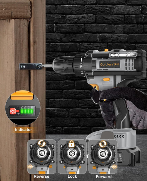 LEEIKOO Cordless Drill, 21V Electric Drill 42N.m with 2.0Ah Battery, Combi Set 10mm Chuck, 2 Speeds, 18+1 Torque, LED Light, 20pcs Drill Set for Garden DIY Project, Grey