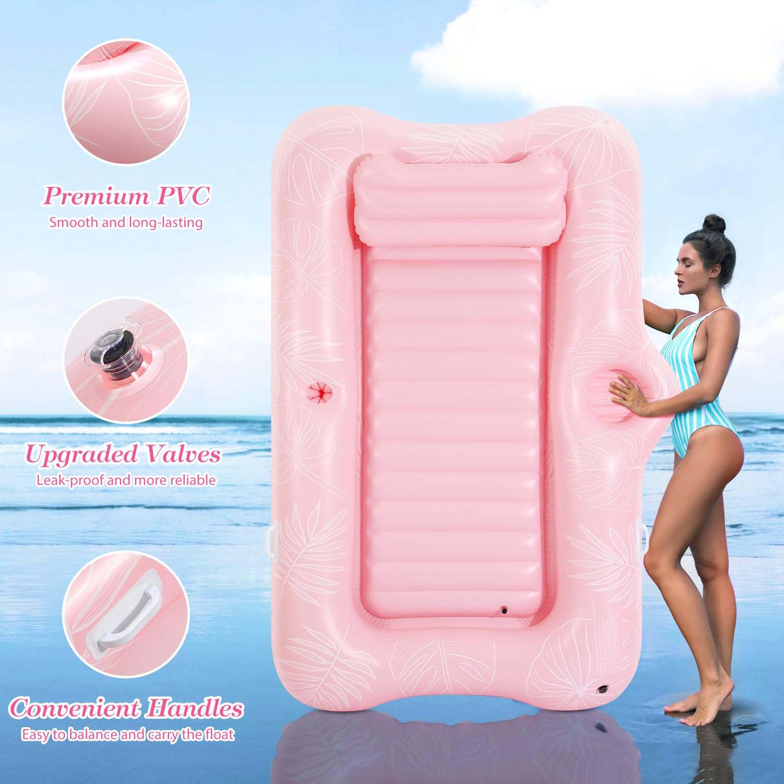 MoKo Pool Floats Adult, Floating Bed with Ice Bar, Tanning Bed Pool Raft Inflatable Lounger with Drink Holder Tanning Chair Inflatable Pool Toys for Party Beach Backyard