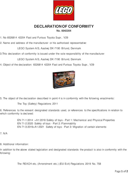 LEGO Technic Fast and Furious Toyota Supra MK4 Toy Car - 6 Cylinder Engine & Opening Doors - Model Kits for 9+ Years Old Boys & Girls or Adult Motorsport Fans - Birthday Gift Idea - 42204