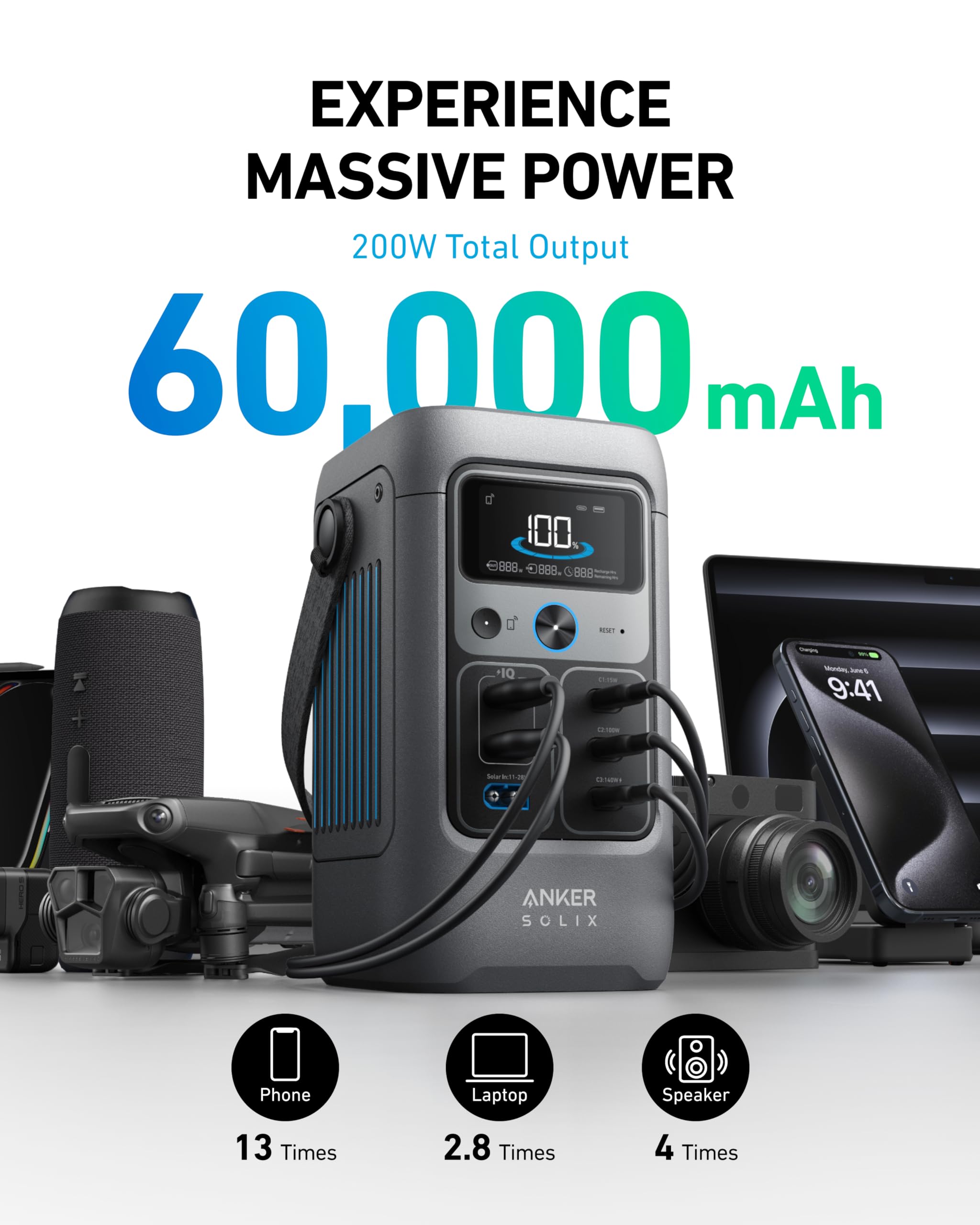 Anker SOLIX C200 DC Power Bank Station, 192Wh Portable Power Station, LiFePO4 Battery, 200W Solar Generator, for Outdoor Camping, Traveling, and Emergencies (No Wall Adapter Included)