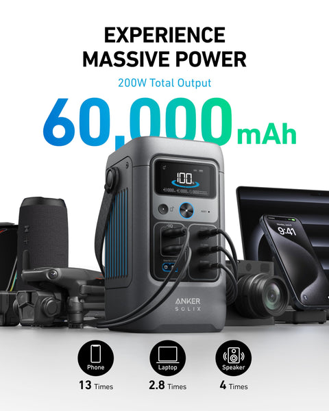 Anker SOLIX C200 DC Power Bank Station, 192Wh Portable Power Station, LiFePO4 Battery, 200W Solar Generator, for Outdoor Camping, Traveling, and Emergencies (No Wall Adapter Included)