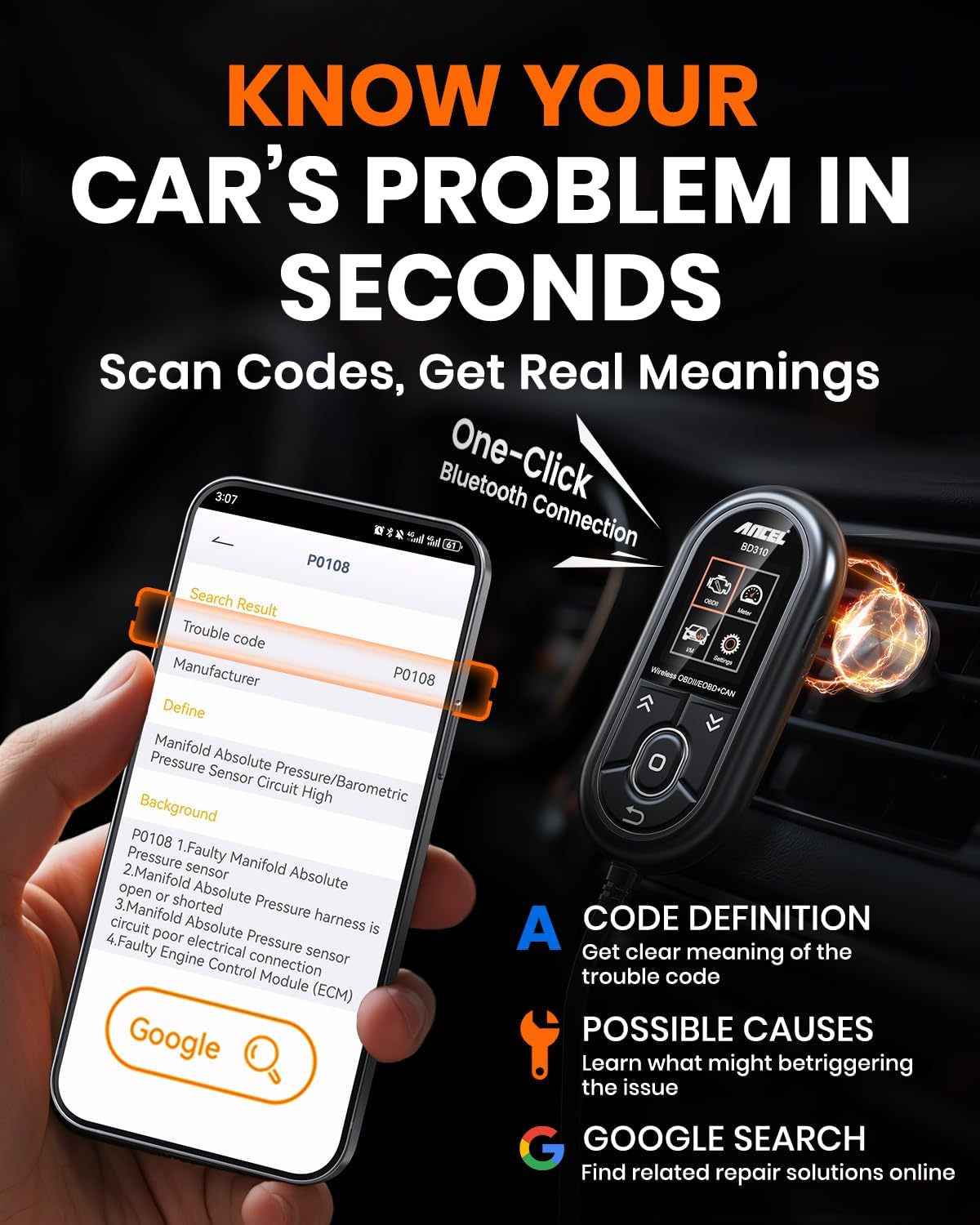 ANCEL BD310 OBD2 Scanner Bluetooth 5.0 : Upgraded 3-in-1 OBD2 Code Reader Diagnostic Tool, Check Engine Light, Battery Test, Professional iOS/Android App Support, Fits Post-1996 Vehicles.