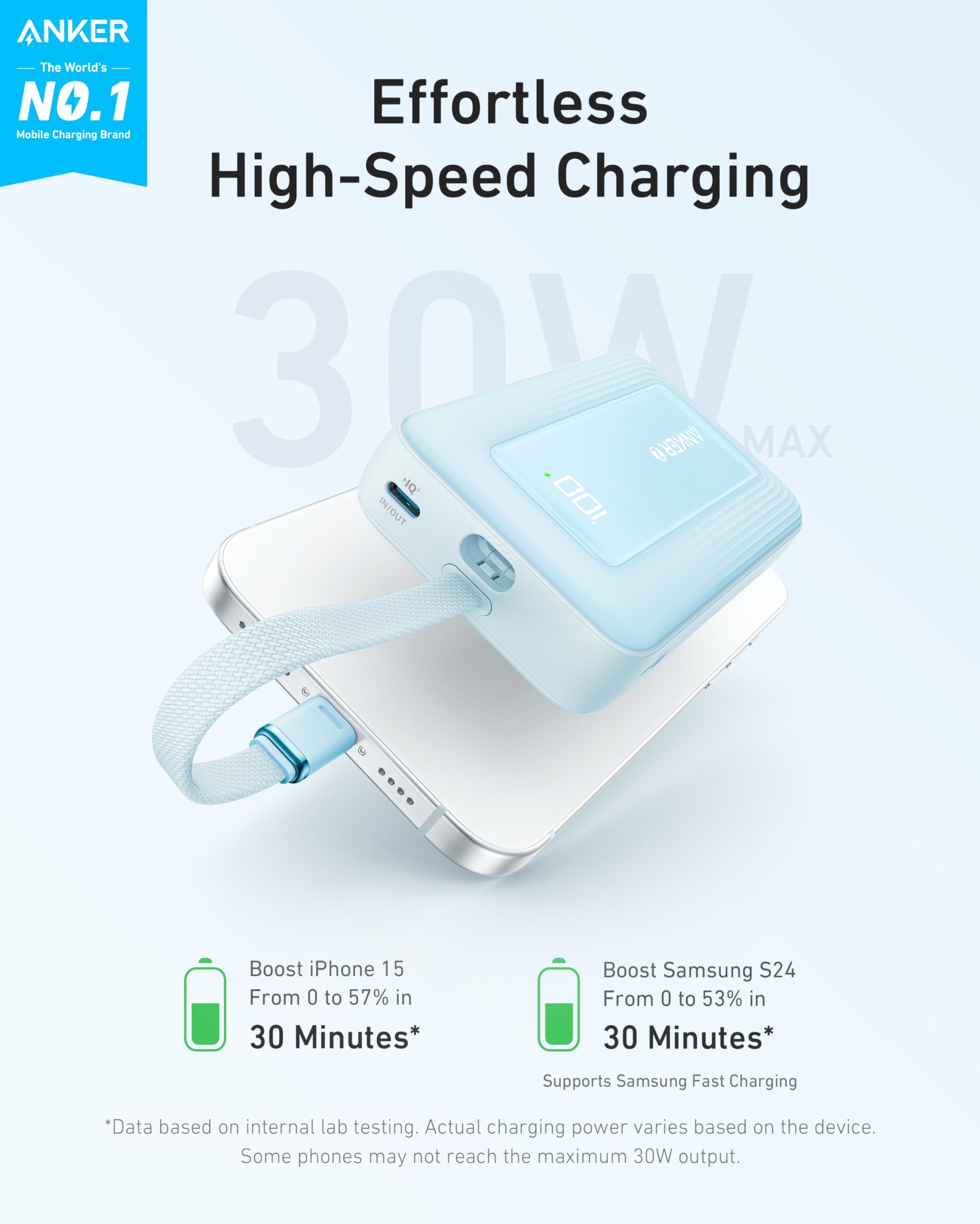 Anker Zolo Power Bank, 10,000mAh 30W High-Speed Portable Charger with Built-In USB-C Cable, Fast Charging Battery Pack for iPhone 16/16 Plus/16 Pro/16 Pro Max/15 Series, Galaxy, iPad, and More