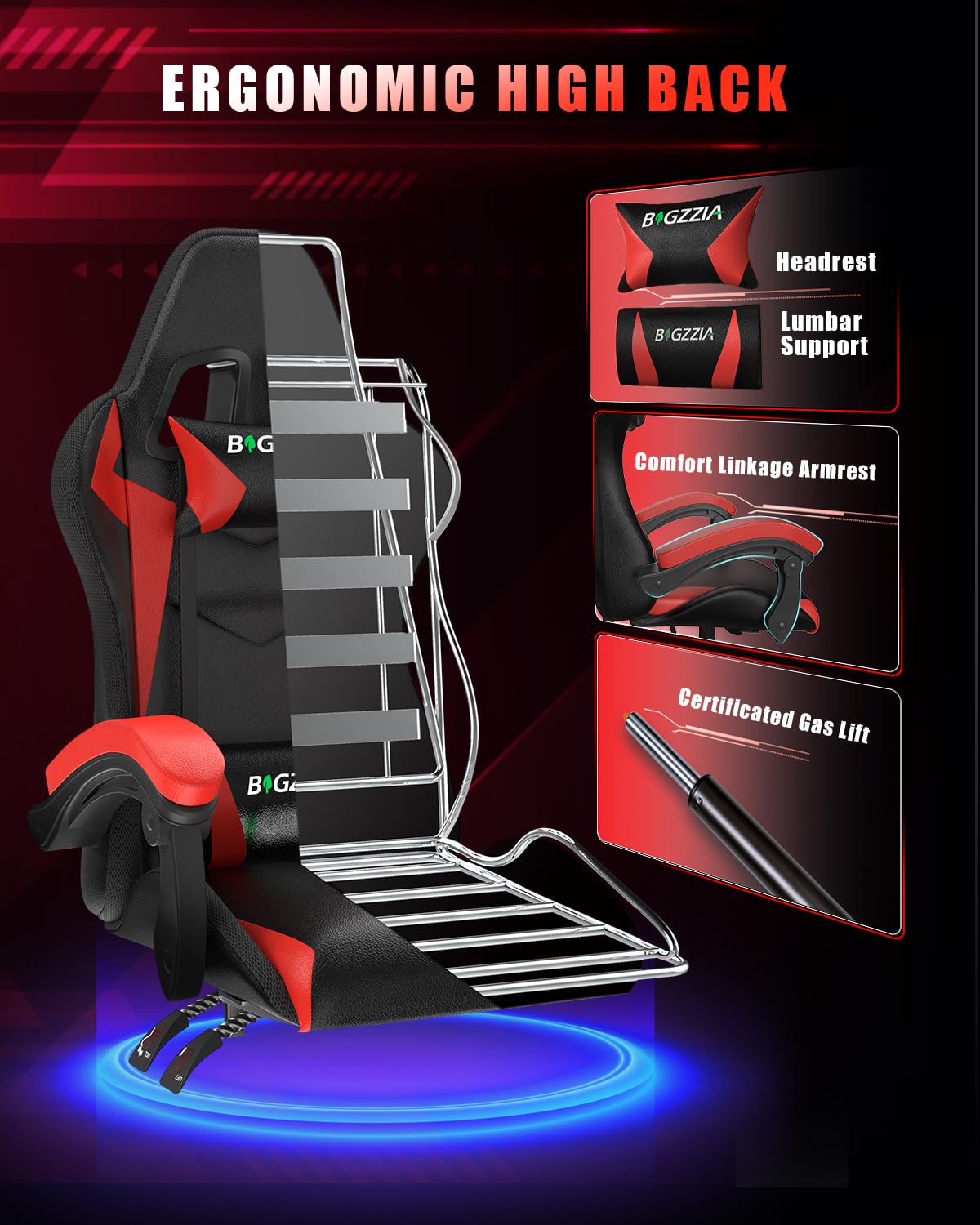 Racingreat Gaming Chair with Led Lights, Video Game Chair, Ergonomic RGB Gaming Chair for Adults, Height Adjustable Reclining Computer Chair with Headrest and Lumbar Support (With RGB, Black)