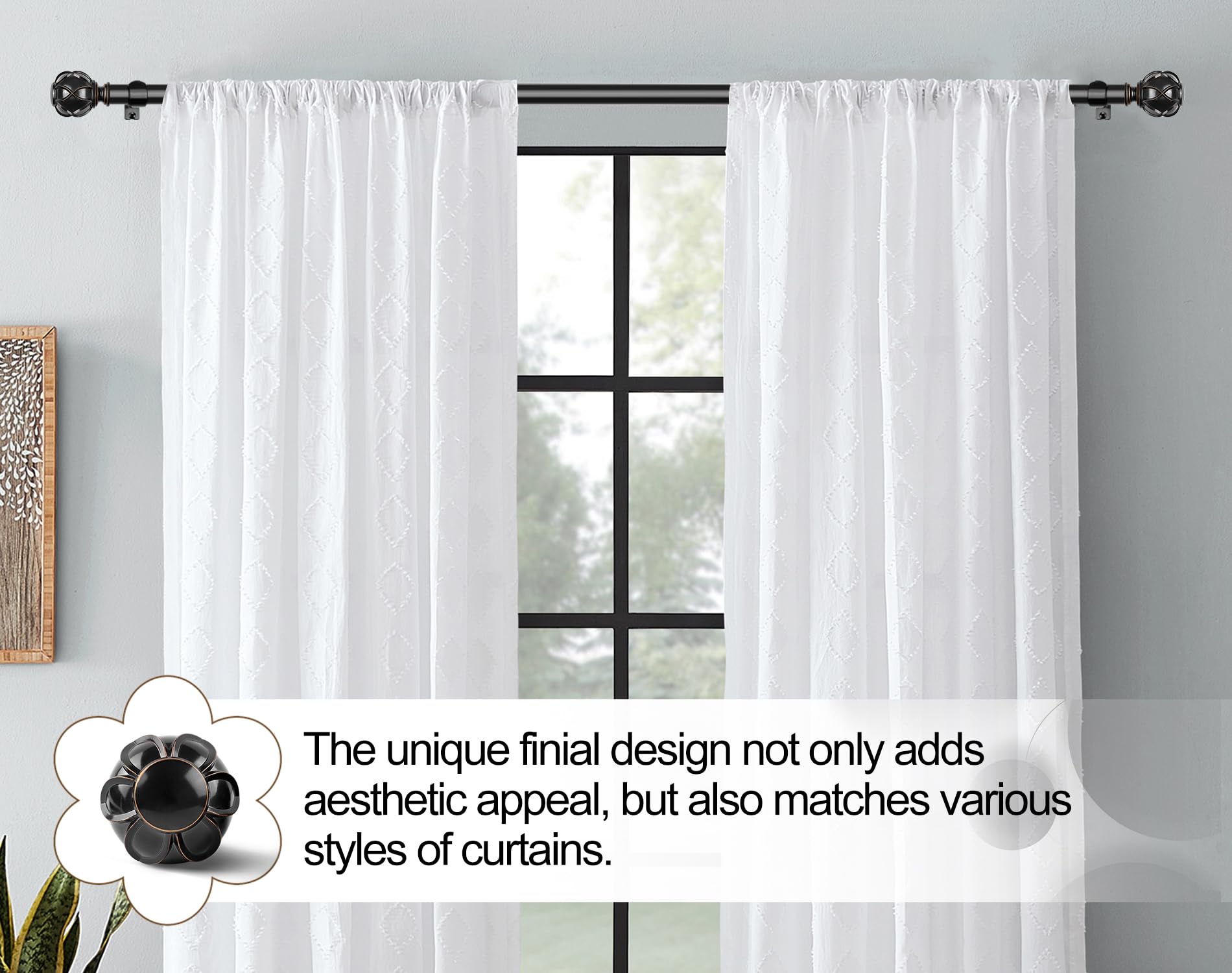 KAMANINA Black Curtain Poles for Eyelet Curtains, Adjustable Curtain Pole 80 to 365 cm, 22 mm Diameter Single Curtain Rod with Netted Texture Finials,