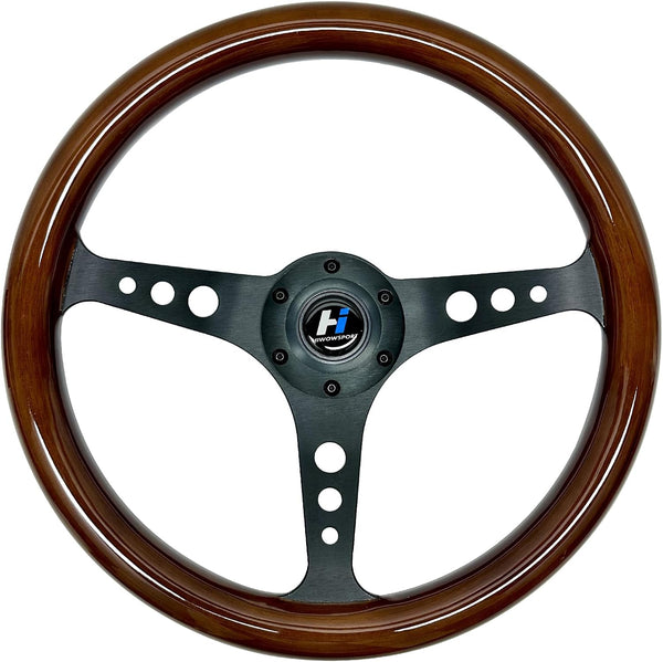 Hiracing 14" Universal Classic Wood Grain Steering Wheel Brushed 3 Spoke 1.5 Depth Steering Wheel with Horn Button 6 bolts (010)