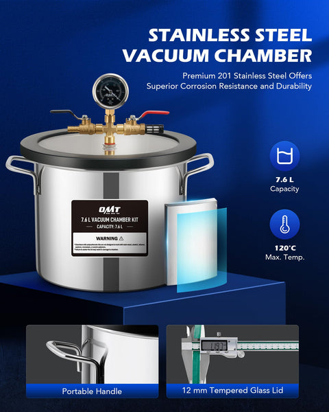 ORION MOTOR TECH 18.9 L Vacuum Chamber with Pump Kit, 3.5 cfm Vacuum Pump and Chamber Kit with Tempered Glass Lid 1.5 m Hose, Vacuum Degassing Chamber Kit for Stabilizing Wood Degassing Silicone Resin