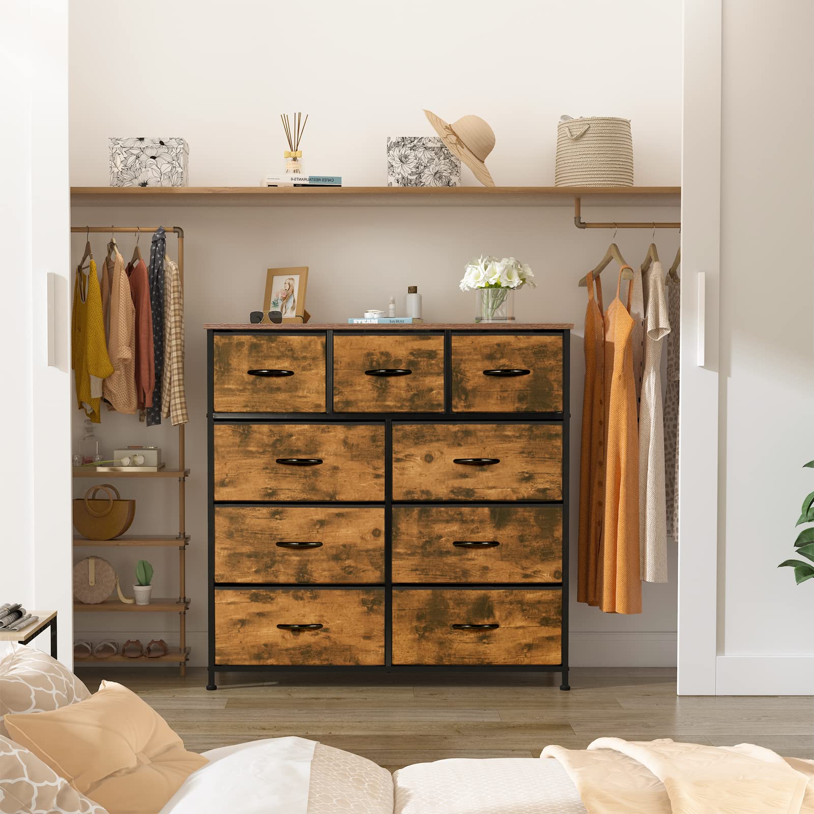 LYNCOHOME Chest of Drawers, Bedroom Drawers, Fabric Dresser with Wood Top and Large Storage Space, Easy to Assemble, for Bedroom, Living room, Kids