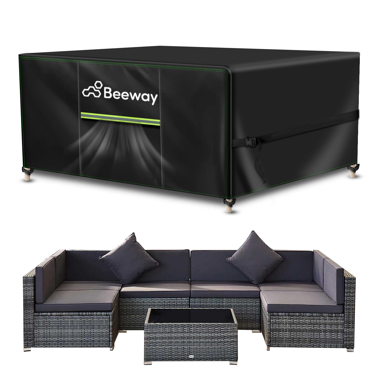 BEEWAY Garden Furniture Cover With Air Vent, Waterproof Patio Rattan Sofa Table Chair Set Cover - 420D Oxford Fabric, Windproof - Rectangular 242 x 182 x 100cm